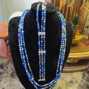 Blue Faceted Glass Bead Necklace and Bracelet